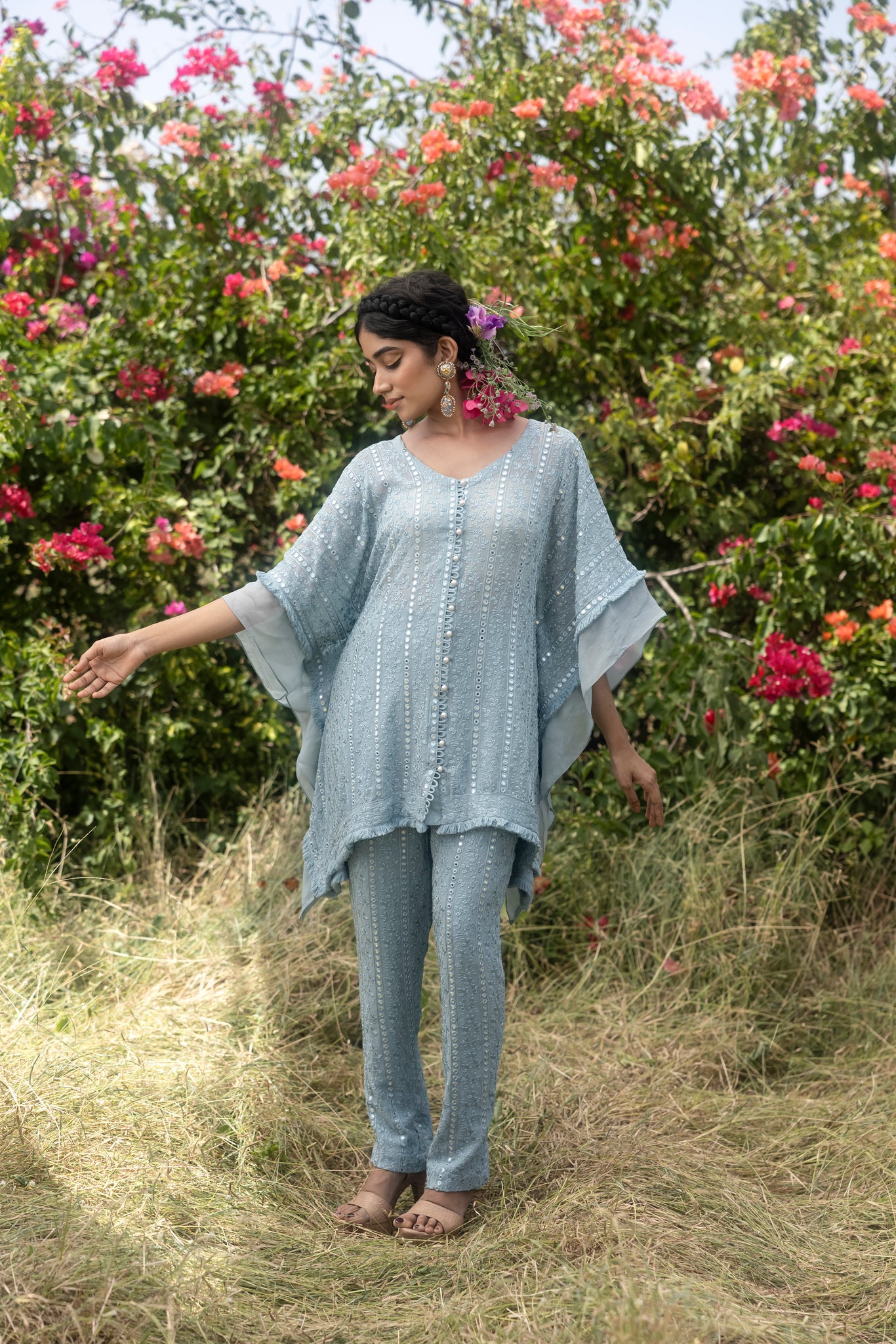 Mirror and thread embroidery kaftan top with straight pants