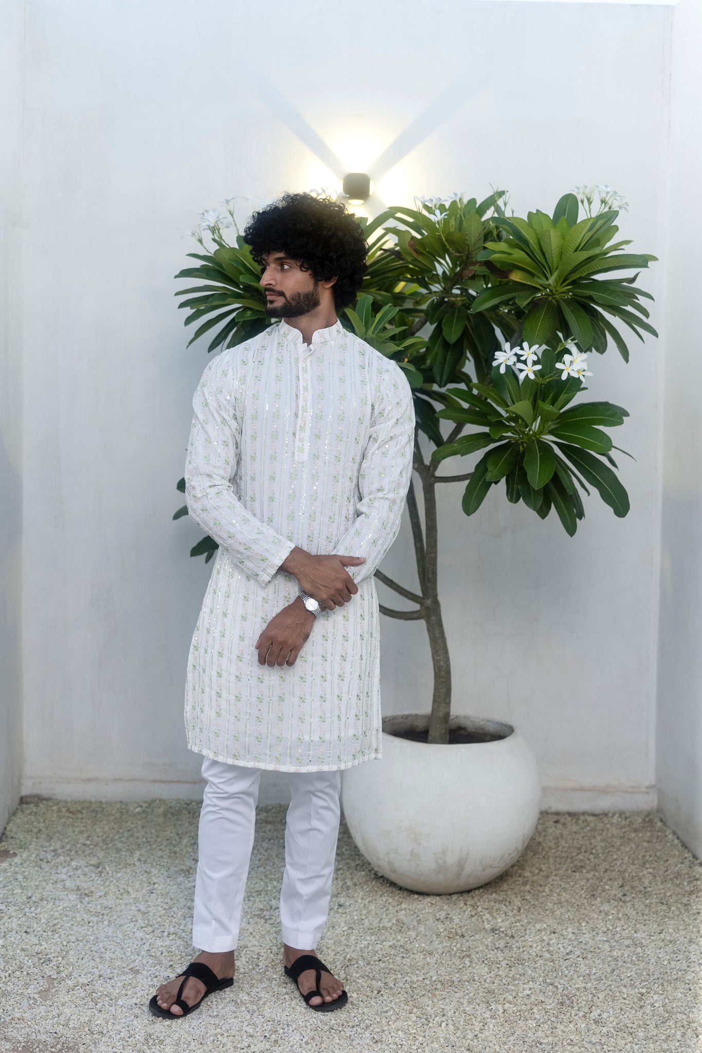 White Embroidered mens kurta