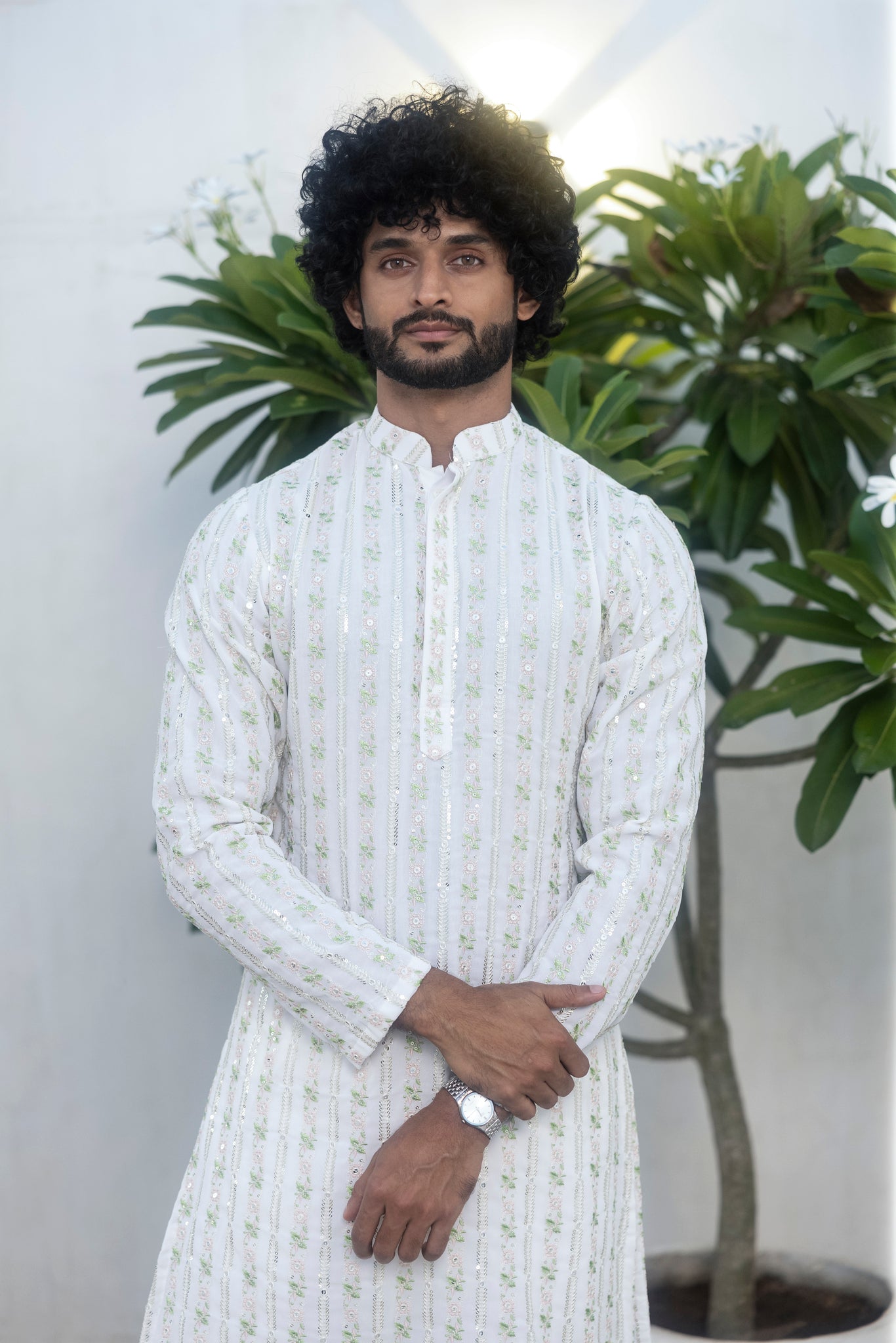 White Embroidered mens kurta