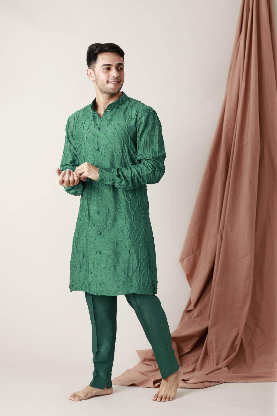 raw silk embroidered short kurta paired with straight pant