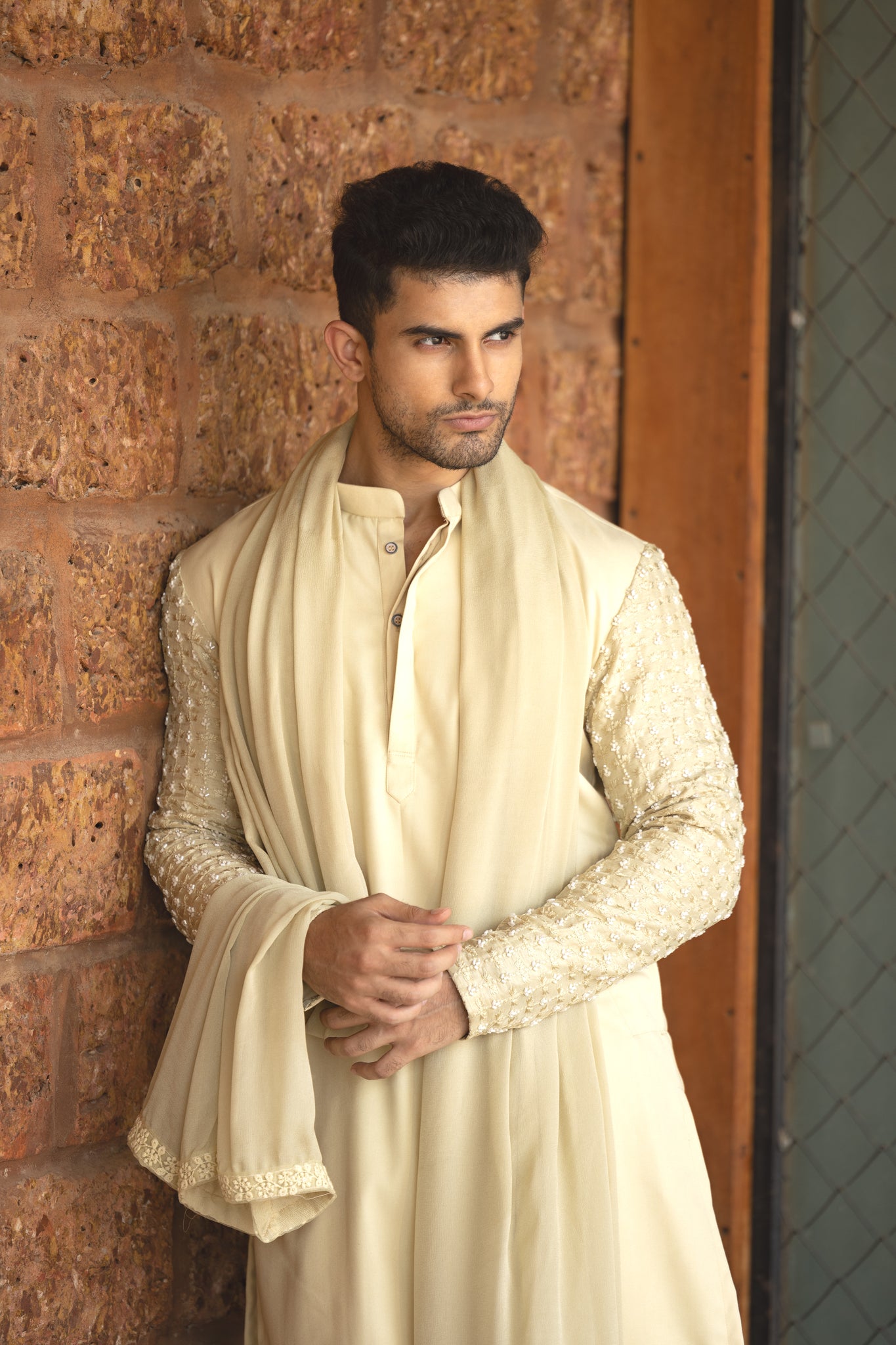 Cutdana embroidered sleeve with pure cotton knit kurta with trouser