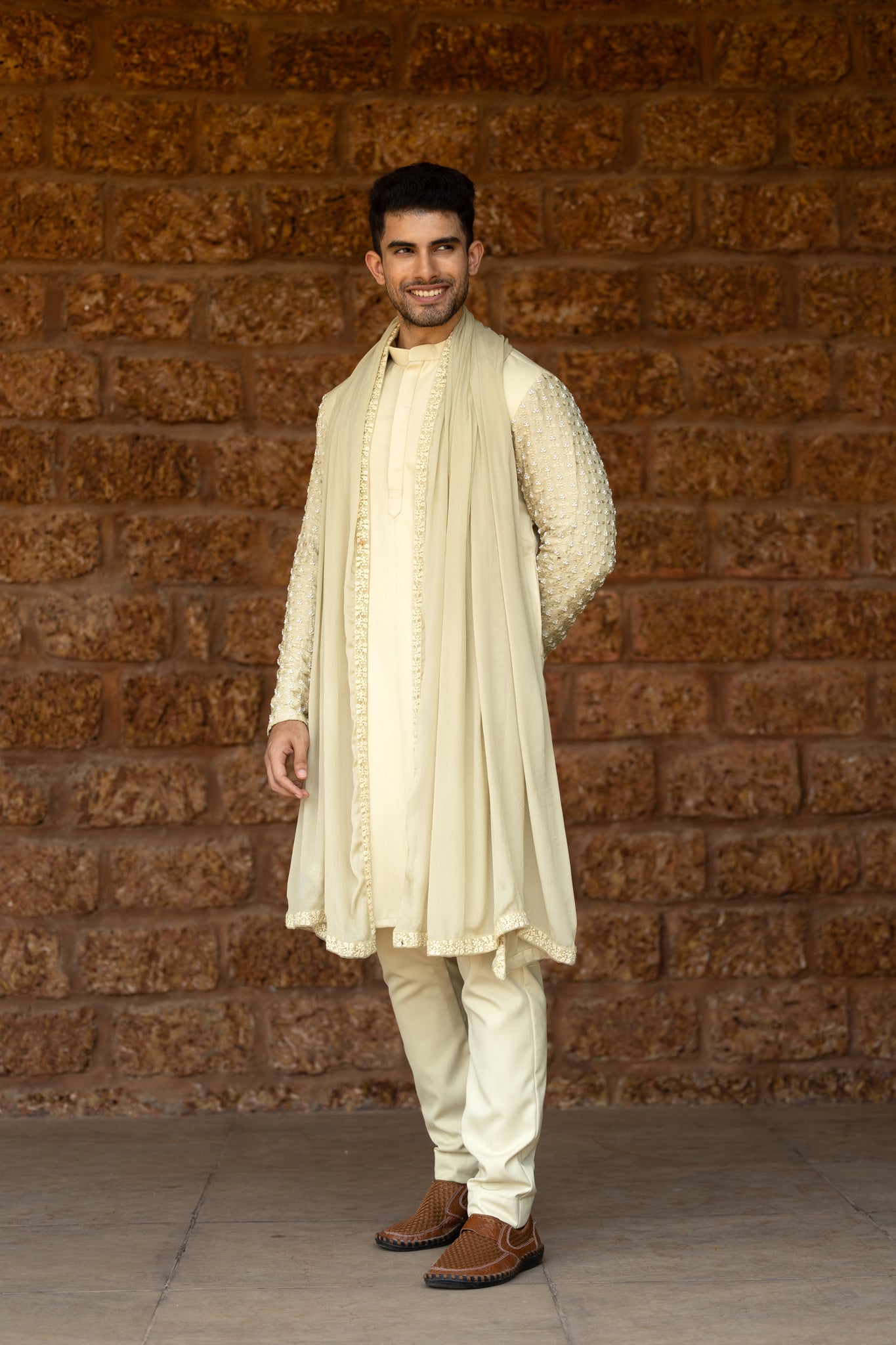 Cutdana embroidered sleeve with pure cotton knit kurta with trouser