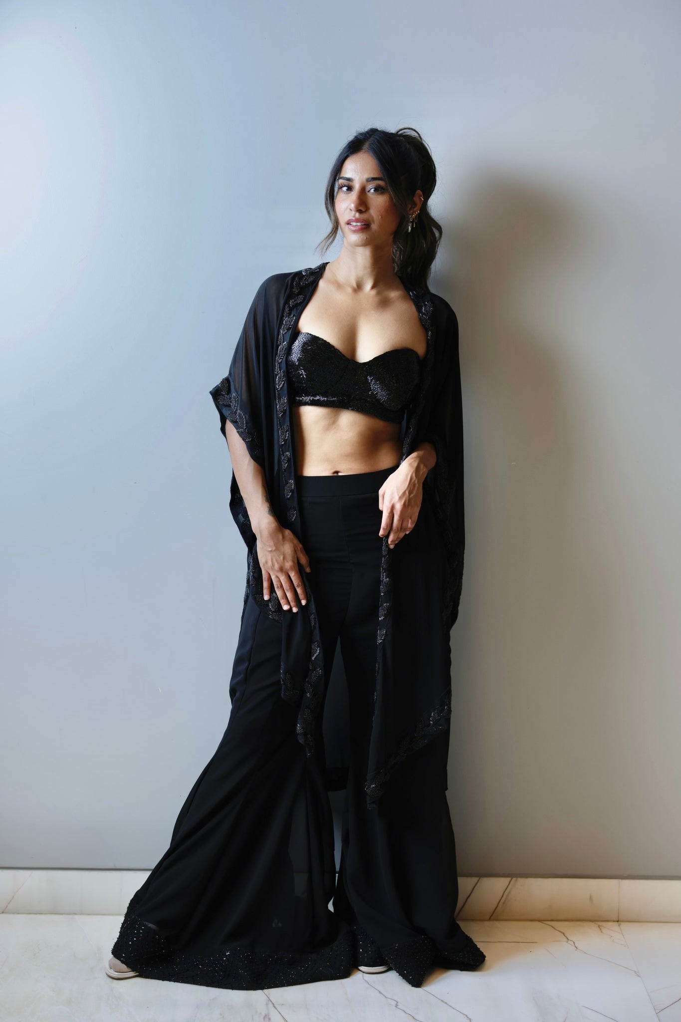 Black Hand embroidered top with pants and cape