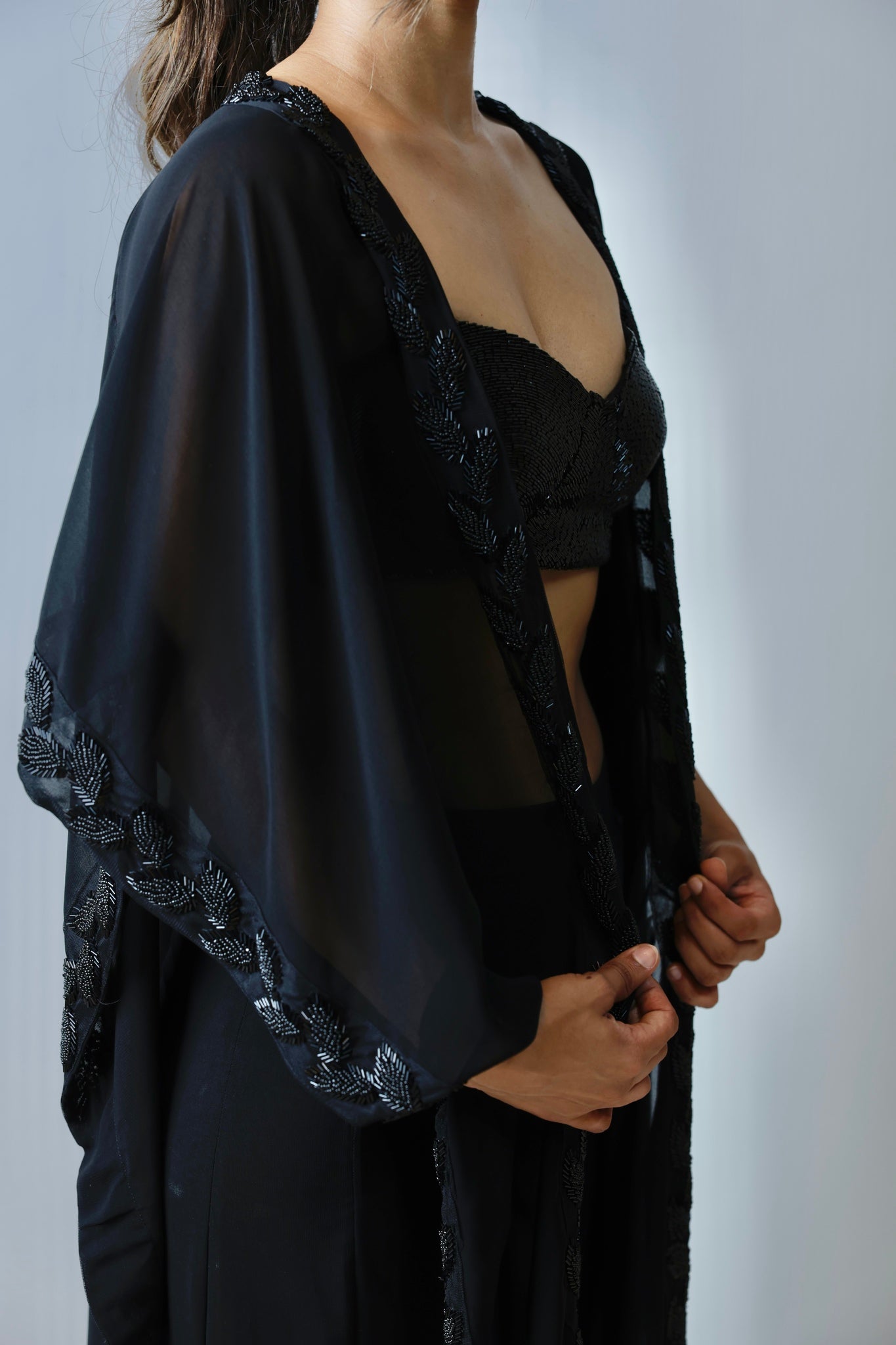 Black Hand embroidered top with pants and cape