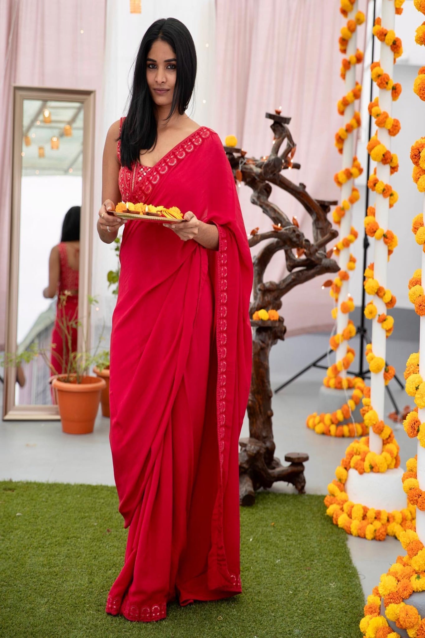 Red Saree with sleeveless blouse - Apeksha The Label