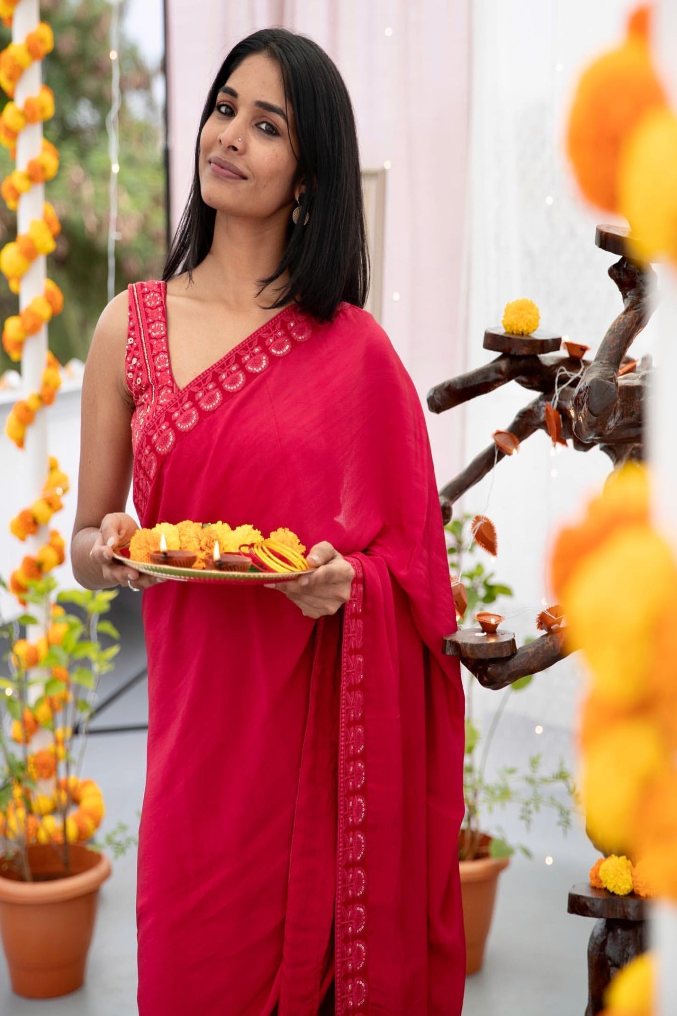 Red Saree with sleeveless blouse - Apeksha The Label